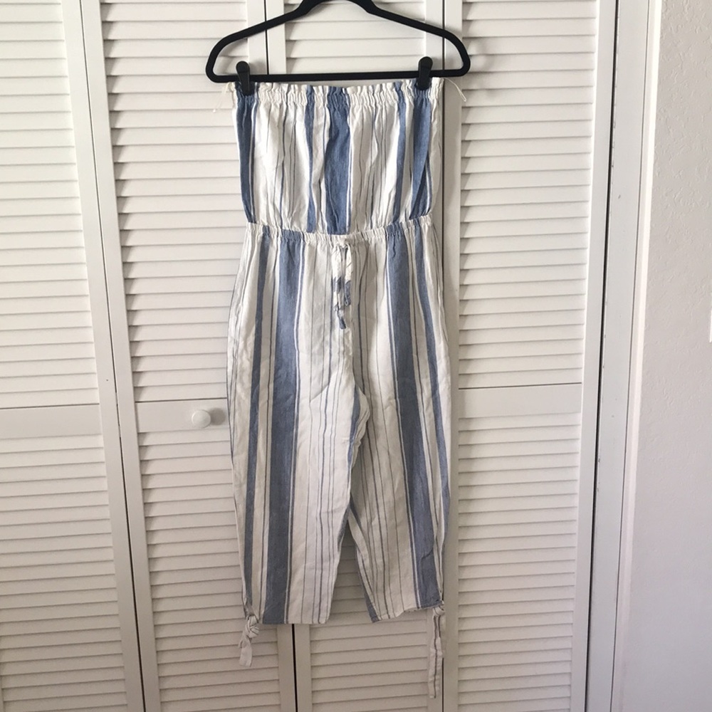 PAC-SUN‎ LA Hearts Strapless Jumpsuit blue & white cropped w/ ties detail size S - Picture 2 of 9